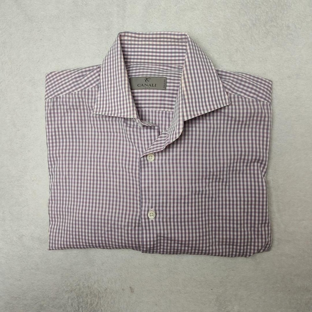 Canali Shirt Mens 15.5‎ Purple Gingham Spread Collar Barrel Cuff Dress Formal